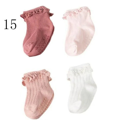 4Pair/lot new baby children's non-slip autumn winter cotton socks solid color baby foot socks